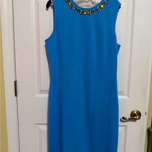 St. John Blue Midi Dress with Embellished Neckline